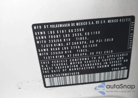 2022 Volkswagen Tiguan 2.0T Se R-Line Black из США, поврежденный, VIN 3VVCB7AX7NM074078